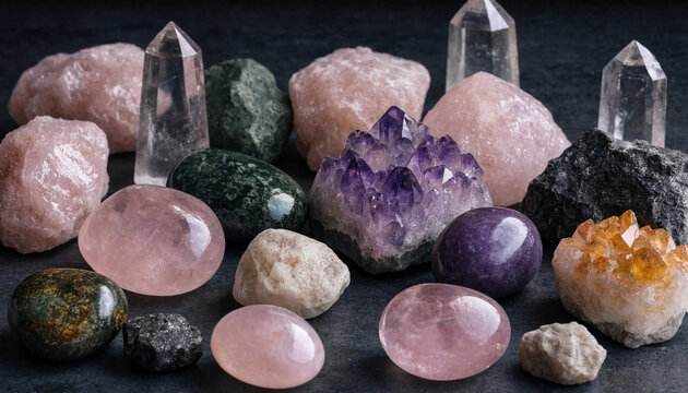 Assorted collection of raw and polished rose quartz, amethyst, and clear quartz crystals on a dark gray slate background, with natural light