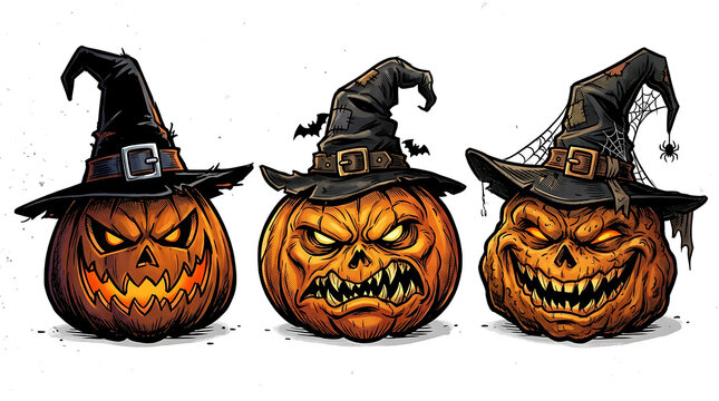Three scary halloween pumpkins wearing witches hats with jack o lantern