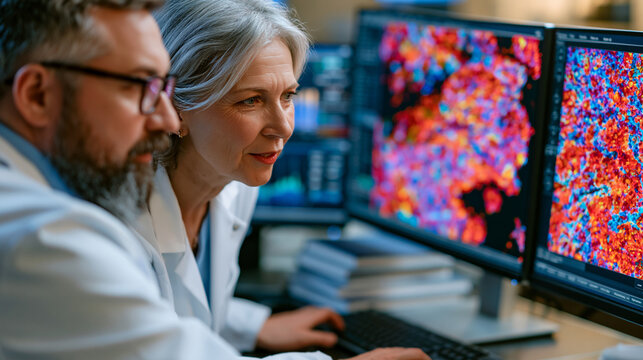 Immunologist and psychiatrist reviewing neuroinflammation biopsy staining results side by side in a translational research office, medical journals stacked beside a dual monitor workstation where cy