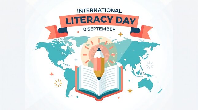 International Literacy Day concept with world map open book and pencil vector illustration