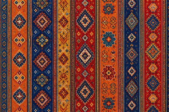 Kilim pattern with geometric floral ornaments and vibrant color scheme close up