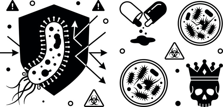 Antibiotic Resistance Superbug and Medical Biohazard Icon Set with Resistant Bacteria Shield Open Capsule Pill Petri Dish Culture and Crowned Skull Symbols