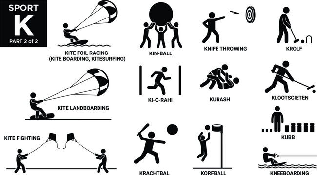 Sports alphabet K pictogram set containing black stick figures playing kiteboarding kinball knife throwing and korfball games