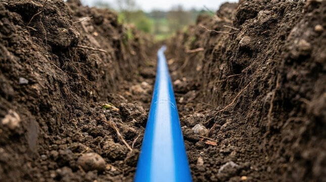 Blue plastic water pipe laid in a trench in the ground