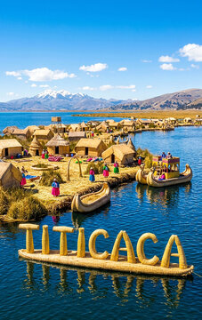 Famous Floating Reed Islands of Uros on Blue Water Lake Titicaca Peru South America