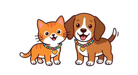 Obraz premium Cartoon cat and dog with colorful collars vector illustration on white background