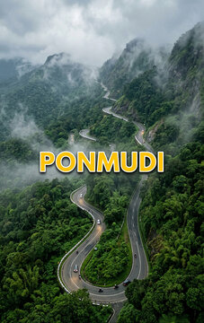 Aerial View of Winding Mountain Road Covered in Mist at Ponmudi Hill Station Kerala India