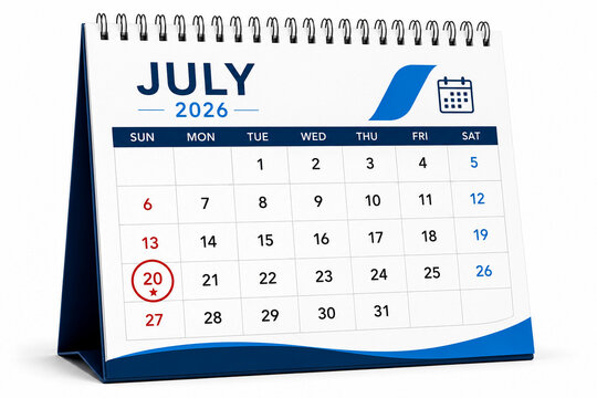 July 2026 desk calendar with marked date 20 isolated on white background.
