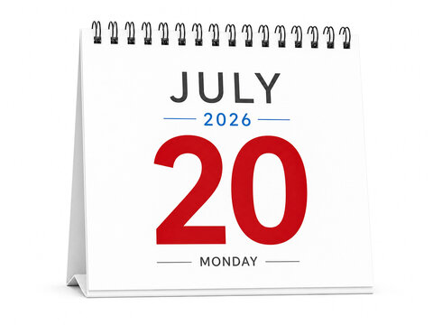 July 2026 calendar page with monday date 20 isolated on white background.