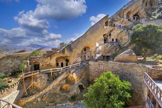 Ancient cave monastery complex of David Gareja in Kakheti, Georgia. Historic rock cut architecture on a hill slope