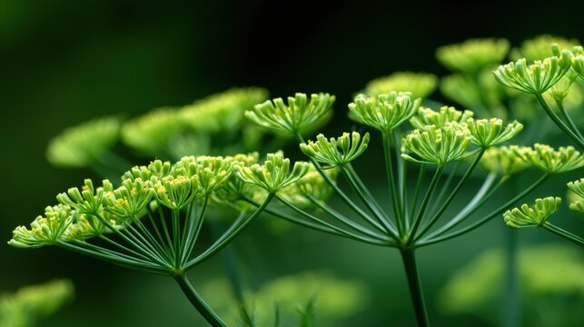 Delicate green flower clusters showcase intricate foliage against a blurred background, perfect for nature themes or botanical designs