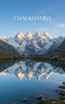 Majestic Mt Chaukhamba Peak Reflection in Serene Deoria Tal Lake Uttarakhand Himalayas India