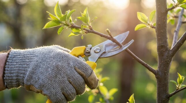 Gardener using pruning shears to trim a tree branch