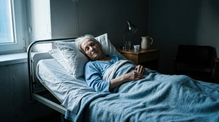 Fototapeta premium Elderly Woman Resting In A Dimly Lit Hospital Room