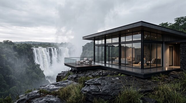 Modern Luxury Home Overlooking Waterfall in Nature
