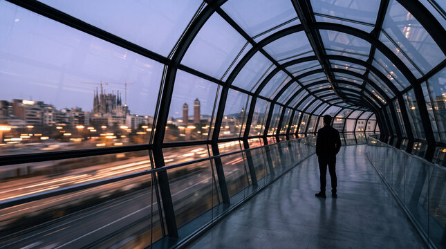 Man Standing in Modern Glass Corridor Overlooking City at Dusk
