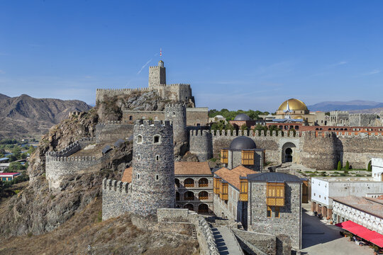 General panoramic view of Rabati Castle fortress complex in Akhaltsikhe, Georgia. Historic medieval architecture scenery