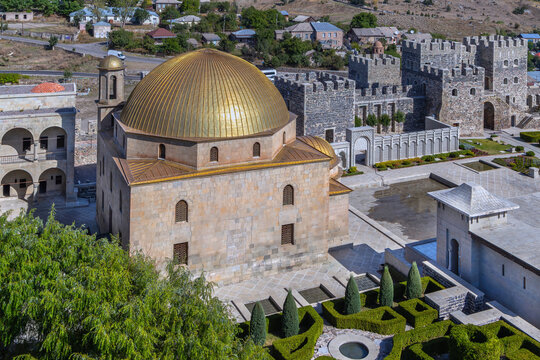 Top view of Ahmetiye Mosque with golden dome in Rabati Castle, Georgia. Historic Islamic fortress architecture