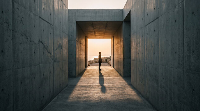 Man Standing in Concrete Corridor Looking Toward Horizon