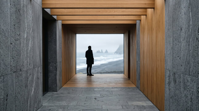 Person Standing in Modern Concrete and Wood Corridor Overlooking Coastal Beach