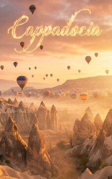 Hot Air Balloons Flying over Cappadocia Fairy Chimneys at Sunrise
