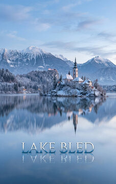 Snow Covered Bled Island and Lake Reflection in Winter, Slovenia