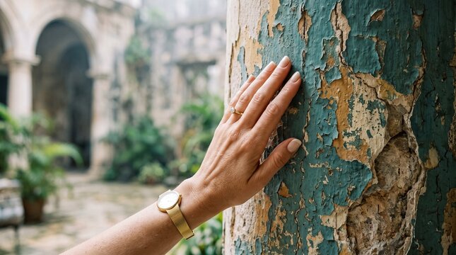 Woman's Hand with Gold Ring Touching Weathered Paint Wall