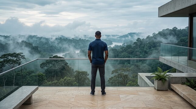 Man Standing on Modern Balcony Overlooking Misty Forest Valley