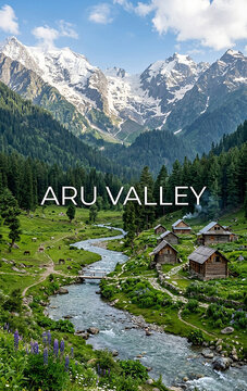 Glacial Stream and Wooden Cottages in Aru Valley, Kashmir