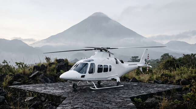 Luxury Helicopter Parked at Remote Volcanic Mountain Landscape