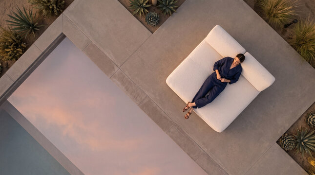 Man Relaxing on Minimalist White Lounger in Desert Courtyard