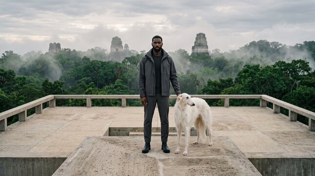 Man with White Dog Overlooking Ancient Temple Ruins