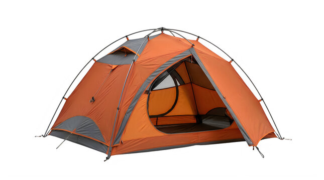 Orange camping tent isolated on white. Dome shelter for outdoor hiking and travel.