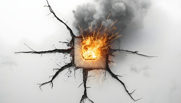Square glowing hot object cracking surface with fire smoke and sparks, explosion