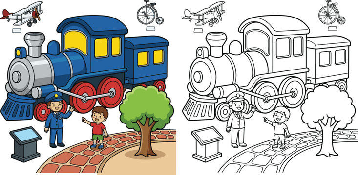 friendly transportation museum guide introducing classic vehicles transport vehicle cartoon clipart and lineart print vector illustration for school student educational color coloring book