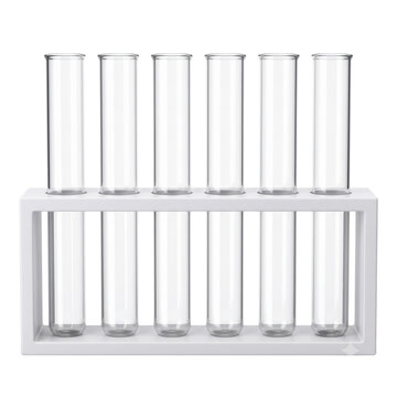 Six empty glass test tubes in white rack