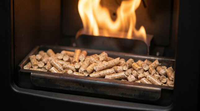 Wood pellets burning in a pellet stove fireplace insert