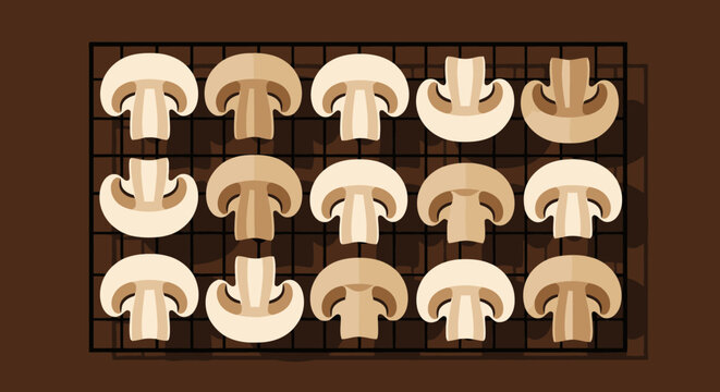 Sliced raw mushrooms arranged in rows on a black metal kitchen grate