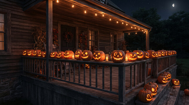 Halloween carved jack-o-lantern pumpkins on cozy wooden house porch at night