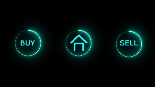 Property market choices chart showing buy and sell neon buttons with home icon for real estate investing business 4k animation..