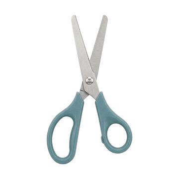 Open metal scissors with blue handles
