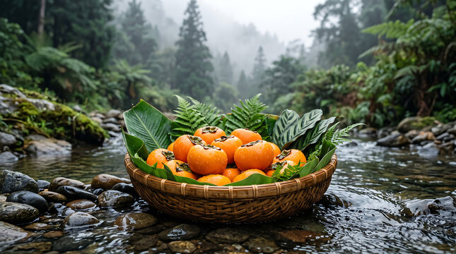 Persimmons rest in a woven basket by the stream.