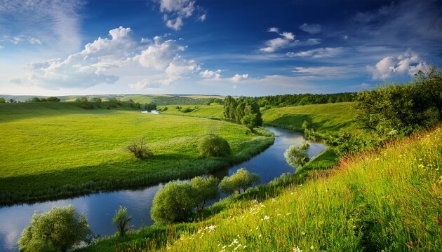 Sommerliche Landschaft Mit Wiesen Und Fluss