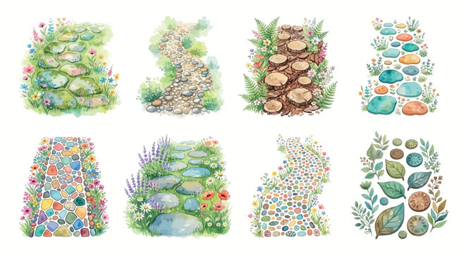 Watercolor stone path and floral arrangements on a white background