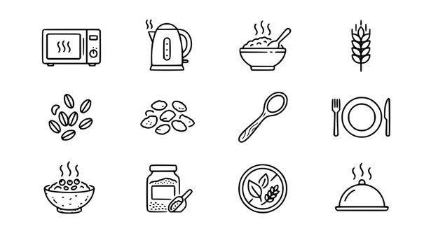 Cereal Meal Line Icons Set with Oatmeal Breakfast Wheat Grain Microwave and Kettle Outline Vector Editable Stroke