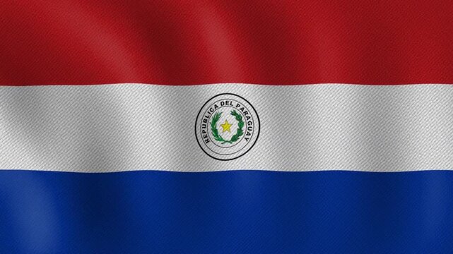 Waving flag of Paraguay in red white and blue horizontal stripes with emblem.