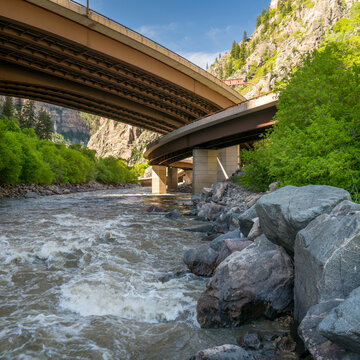 Colorado RIver and I-70 freeway in Glenwood Canyon, Colorado
