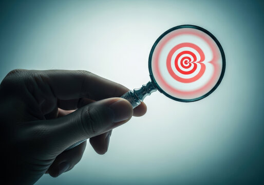 Human hand holding magnifying glass to inspect red and white circular target icon symbolizing precise focus and accuracy in business strategy.