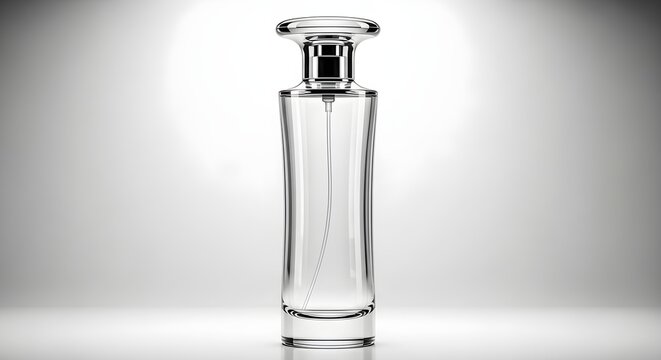 3d render of a clear glass perfume bottle with a silver cap, featuring a minimalist design and realistic reflections, suitable for luxury cosmetic branding