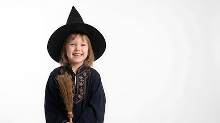 Fototapeta premium A young girl dressed as a witch for Halloween, smiling and holding a broomstick.